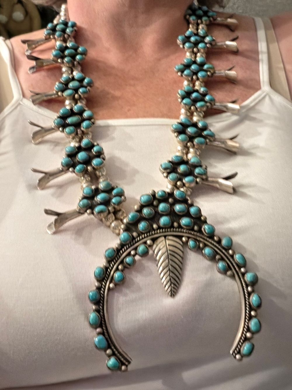 Vintage Navajo-Style Turquoise Cluster Squash Blossom Necklace, 320g - Picture 3 of 8